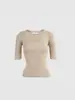 Top de punto fino color albaricoque con cuello en V ajustado de manga media para mujer, Camiseta de manga corta para primavera y verano, Camisa base única de manga media para interior