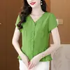 Camisa de manga corta a la moda con cuello en V para mujer, nueva llegada de verano, tacto de alta gama, camisa, para figuras petite, versátil, rejuvenecedor, top adelgazante