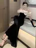 Vestido de Noche Negro de Terciopelo Francés de un Hombro Reunión Anual Elegante Silueta Adelgazante Celebridad Anfitrión Vestido Largo de Cola de Pez