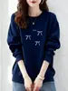 Moletom grosso de algodão estilo coreano com gola redonda e forro de fleece para mulheres, adequado para primavera, outono e inverno, casual, moderno, versátil e adequado para o dia a dia, blusa de manga longa