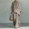 Nuevo conjunto de dos piezas para mujer: camiseta casual de moda con estampado transfronterizo, cuello redondo, manga larga + pantalones de campana