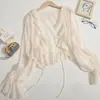 Ruffled Chiffon Sunscreen Casaco Xale Feminino Primavera e Verão Sling Saia Blusa Exterior Chifre Manga Cardigan Casaco Curto