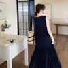 Traje de dos piezas, Elegante 2025 Reductor de edad, Versátil, Cómodo y de Alta Calidad Vestido Azul Oscuro con Empalme de Malla