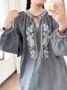 Roupas de Outono 2025 Estilo Étnico Bordado Decote V Cadarço Solto Pulôver Feminino Comprimento Médio Camisa Manga Longa
