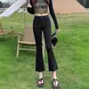 Calça Feminina Jeans Micro Preto 2024 Primavera Outono Inverno Forrada com Fleece Sete Pontos Cintura Alta Pequena Skinny Nove Pontos Flare