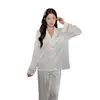 Pijama de Satén de Acetato Estilo Francés de Lujo Ligero para Mujer Temporada de Primavera y Otoño Tacto de Alta Gama Encaje Combinado Se Puede Usar Afuera Manga Larga Conjunto para el Hogar