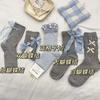 Calcetines Holgados Estilo Coreano de Alto Valor para Niñas con Encaje para Primavera y Otoño, Calcetines Cuadros Gris Azul Versátiles Estilo Japonés con Lazo Lindo