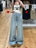 Calça Jeans Azul Claro de Botão Duplo Wide Leg Feminina Outono Tamanho Plus Size Calça Reta Solta Cintura Alta Caimento Valoriza Perna Skinny Comprimento Total