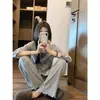 Pijama Floral Gris Estilo Coreano para Mujer Primavera/Otoño 2026 Nuevo Dulce Casual Manga Larga Pantalón Largo Ropa de Casa Conjunto de Dos Piezas