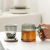 Infusor de chá de vidro com alça lateral, xícara de três peças, alto borossilicato, separação de chá e água, xícara de chá com tampa, xícara para chá de flores, conjunto de chá