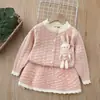 Casaco suéter para 5 meninas 2025 novo vestido conjunto de tricô com lapela grande para meninas