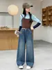 Calça Jeans Feminina Primavera e Outono 2026 Novo Modelo Infantil Bordada Solta Reta Wide Leg para Crianças Maiores Calças de Outono