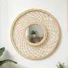 Espejo Decorativo Redondo de Ratán Personalizado, Espejo de Pared Nórdico para Sala de Estar, Espejo de Maquillaje Tejido a Mano para Entrada de Casa Rural, Decoración Suave
