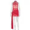 Ropa Femenina Transfronteriza Estilo Europeo y Americano Ajustada, Vestido Sexy Holgado de Color Sólido con Lazo que Realza las Caderas, Vestido Corto con Cuello Halter Fruncido