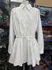 Vestido Chemise Plus Size Gola Polo Manga Longa Plissado Redutor de Cintura de Botão Único Simples Diário High-End Saia Curta