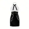 Lingerie Sexy, Saia de Secretária Sexy com Gola Halter Transparente, Uniforme, Saia de Couro Brilhante Estilo Abstêmio, Conjunto Sexy Justo de Secretária