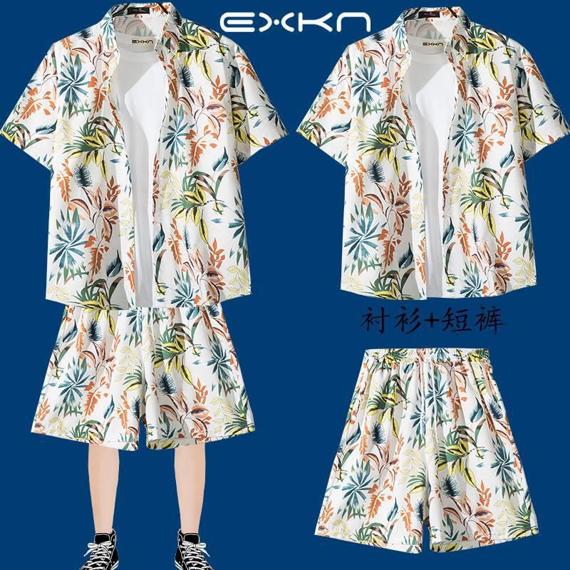 冰丝短裤一整套男夏季薄款宽松短袖碎花衬衫夏威夷情侣沙滩服套装