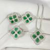 Conjunto de Brincos Pingente Anel Trevo de Quatro Folhas da Sorte Cor Esmeralda Colar Joia Tesouro Verde Turmalina Elegante