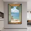 Pintura Decorativa Moderna Simples de Janela Falsa com Paisagem Marinha Pintura de Chão para Parede de Fundo de Sofá Extensão de Espaço Pintura para Pendurar no Quarto