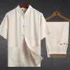 Traje Tang de Linho para Meia-Idade e Idosos no Verão Traje de Manga Curta Masculino Dinastia Han Chinesa Chinoiserie Algodão e Linho Traje para Leigos Masculino