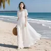 Vestido Blanco con Grulla de Almohada Cintura Ajustada Adelgazante Dobladillo Grande Estilo Francés de Alta Gama Gasa Viaje Vacaciones Vestido Largo Estilo Diosa