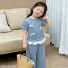 Camisa de Manga Corta para Niña, Nuevo Estilo de Verano, Top Elegante con Lazo, Ropa Infantil, Traje Versátil de Dos Piezas de Verano Delgado para Niños