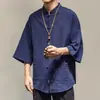 Camisa holgada de cinco puntos estilo Hong Kong para hombre joven estilo chino de lino con hombros caídos cárdigan casual de verano manga corta