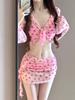 HURUN Traje de Baño Bikini para Mujer Cuatro Piezas Delgado Sexy 2024 Moderno para Chicas Estudiantes Vacaciones Recogida Pecho Pequeño