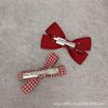 Primavera y Verano Nuevo Dulce Lindo Infantil Niña Tarjeta para el Cabello Vino Tinto Cuadros Lazo Pequeño Clip Lateral Pasador Set