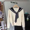 Estilo Coreano Outono e Inverno Novo Doce Redutor de Idade Simples Azul Marinho Estilo Academia Gola Xale Colorida Contrastante Pequeno Cardigã de Tricô para Mulheres