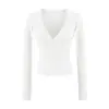 Camiseta sexy e atraente de gola V profunda decotada com mangas compridas, novo estilo outono, acinturada, justa ao corpo, curta, top base sexy para mulheres