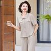 Conjunto de Manga Curta Fashion para Mulheres Verão 2025 Roupa para Mãe Camiseta com Lapela Conjunto para Meia-Idade Calça Reta Conjunto de Duas Peças