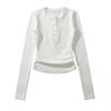 Camisa de cuello redondo y botones de polar cálido para otoño e invierno de 2023, top de manga larga adelgazante con pliegues interiores y corte entallado para mujer