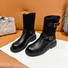 Versión de cuero suave~Botas de vaquero estilo británico de media pantorrilla con hebilla, nuevas botas de montar de otoño e invierno con punta redonda y tacón grueso