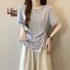 Camiseta de Verano para Mujer Tallas Grandes, Cuello Redondo, Fruncida, Lazo 3D con Diseño Bordado, Top Adelgazante, Blusa Estilo Puro Deseo