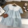 Vestido de princesa de manga corta de algodón para niña, estilo retro francés, con cuello de encaje blanco, largo, de verano, para bebé, de comercio exterior
