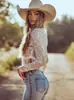 Amazon Venta Caliente Transfronteriza Nuevo Modelo 2026 Primavera/Verano Blusa Sexy Hueca de Encaje para Mujer con Mangas Largas, Escote en V Elegante y Borlas