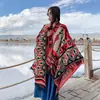 Xizang Viagem Xale com Fenda Vermelho Quente Espessado Estilo Étnico Estampado Lenço Manto Feminino Outono e Inverno Atacado