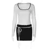 Roupas de verão femininas transfronteiriças europeias e americanas: Conjunto de duas peças: top de manga longa com decote quadrado, blocos de cor e estampa de bolinhas, e saia curta justa e sexy bodycon