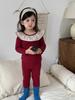 Roupas Infantis Estilo Coreano Outono 2025 Outono e Inverno Pijamas de Bebê Roupa de Casa para Meninas Conjunto Vermelho