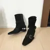 Botas western de mujer para otoño e invierno, estilo europeo y americano, nuevo modelo 2026, ajustadas, con hebilla de cinturón, elevador interno de altura, tacón grueso, botas de media pantorrilla, negro