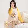 Pijama de algodón para mujer de primavera y otoño, manga larga y pantalón largo, cuello redondo, dulce y lindo, se puede usar fuera de casa, conjunto de ropa para el hogar para mujer
