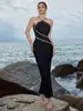 Novo Vestido de Noite Elegante com Gola Halter Cruzada e Strass, Design Justo Cauda de Peixe, Vestido de Festa de Alta Qualidade