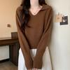 Camiseta de punto con cuello POLO gris para mujer, otoño e invierno, interior ajustado a la cintura, diseño delgado, chic de nicho, hermoso top