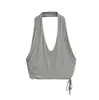 Top regata cinza com gola halter, decote nas costas, amarração e alças para mulheres, design curto de verão, caimento justo, sexy e atraente