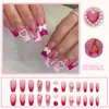 Puntas de Uñas Francesas Largas con Degradado Rojo y Rosa con Lazo, Cerezas, Perlas y Corazones, Estilo Femenino, Disponibles para Venta al por Mayor