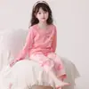 Pijama de Algodão de Verão para Meninas Manga Longa Calça Comprida Roupa de Casa Antibacteriana Infantil Conjunto Fino para Ar Condicionado