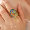 Anel Aberto Oval Peacock com Zircônia Banhado a Ouro Real 18K Anel de Dedo Indicador Vintage Novo Estilo Chinês Anel de Nicho