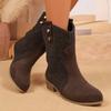 Botas Femininas de Moda Cano Médio Europeias e Americanas Transfronteiriças, Exportação Tamanho Grande Salto Grosso Pregueadas Pé Boca em V Cavaleiro Ocidental