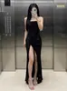 Vestido de Noche Largo de Lujo Brillante con Tirantes, Elegante Estilo Socialité, Mermaid Sexy con Cintura Ceñida y Abertura